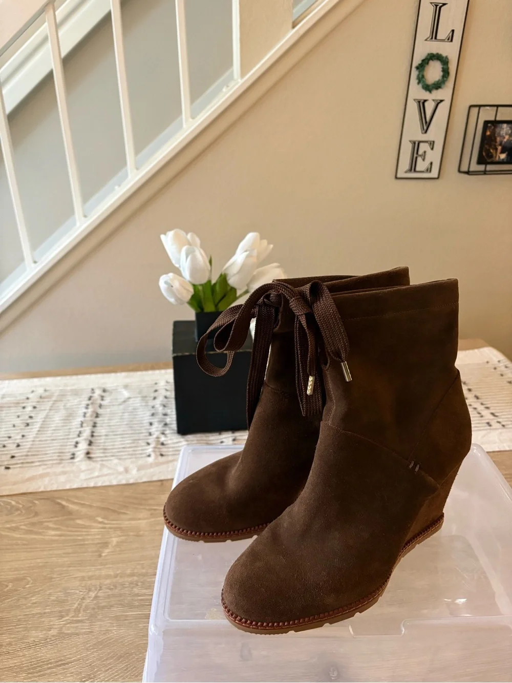 kate spade Brown Suede Wedge Ankle Boots with Lace Tie - Picture 1 of 8
